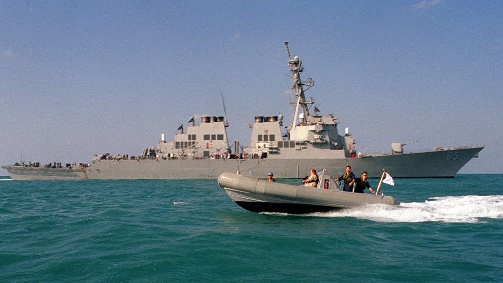 U.S. Navy Operations
398558 05: A Rigid Hull Inflatable Boat (RHIB), passes by the U.S. Navy destroyer USS Benfold November 21, 1997 while at sea. The ship, home ported in San Diego, CA, is currently deployed with the aircraft carrier USS Nimitz battle group under the U.S. Navys Fifth Fleet. Benfold is currently conducting Multinational Maritime Interception Operations as part of the UN sanctions against Iraq. (Photo by Rebecca Kearns/U.S. Navy/Getty Images)
U.S. Navy
rhib ship small boat southern watch uss benfold