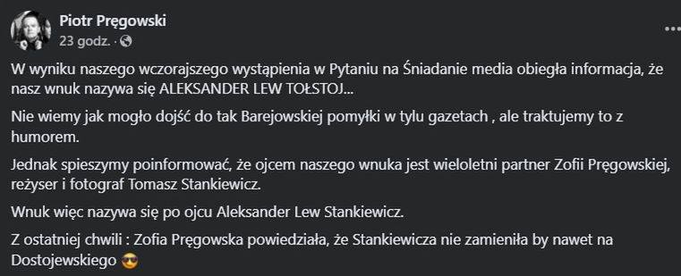Wpis Piotra Pręgowskiego na Facebooku
