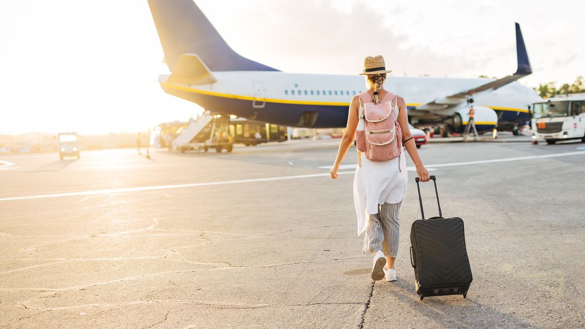 Back view of a woman walking towards the plane, ready to board and begin her vacation
A female tourist walks towards the plane on the runway, dragging personal luggage behind her and carrying a backpack on her back
Kosamtu