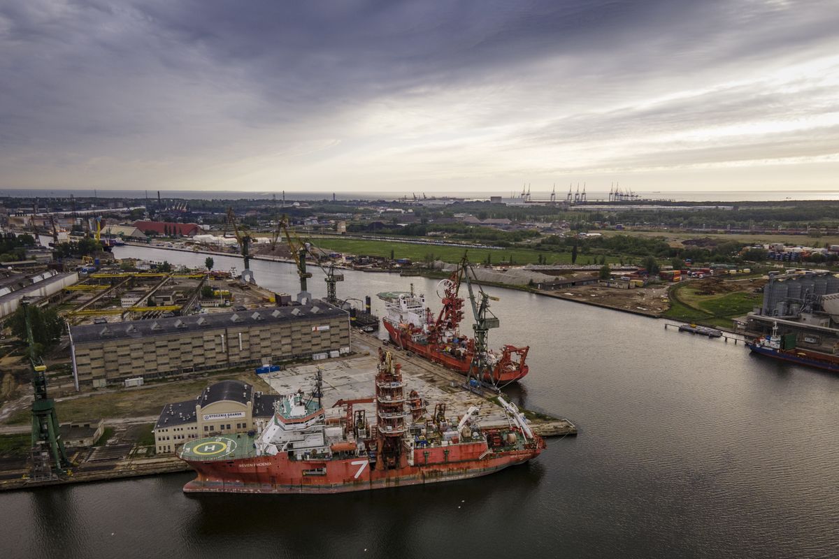 The Seven Phoenix pipe laying ship is seen docked by the Martwa Wisla canal on June 2, 2020 in Gdansk, Poland. (Photo by Jaap Arriens/NurPhoto via Getty Images)