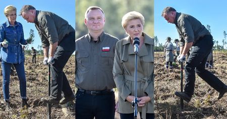 Dzierżący szpadel w dłoniach Andrzej Duda z zakasanymi rękawami sadzi drzewa z małżonką Agatą (ZDJĘCIA)