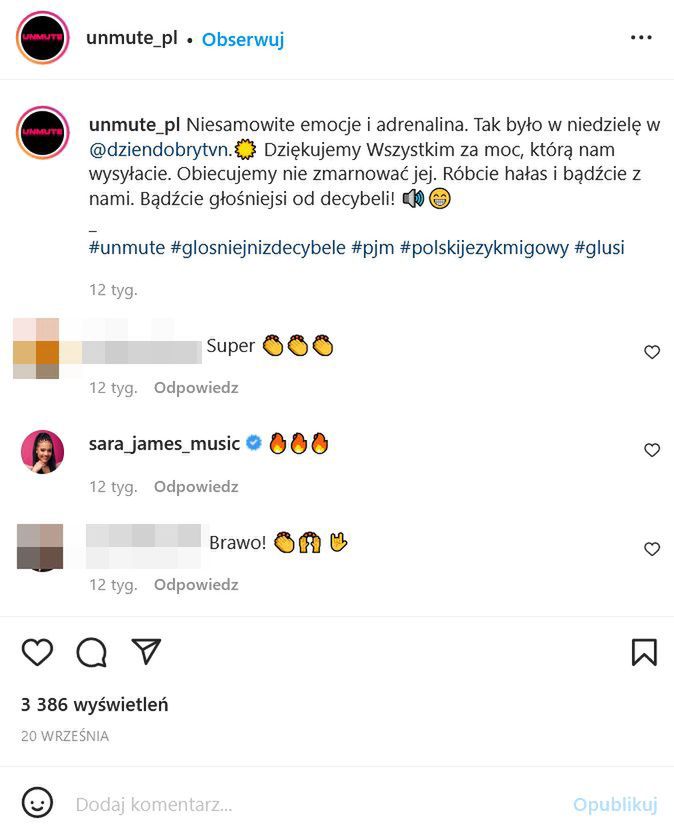 Komentarz Sary James na profilu zespołu Unmute