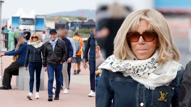 Brigitte Macron w kurtce za 10 TYSIĘCY ZŁOTYCH snuje się u boku męża na pokazie lotniczym dzień przed wyborami (FOTO)