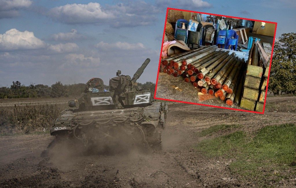 Ukraiński czołg w natarciu w obwodzie chersońskim i porzucony rosyjski arsenał