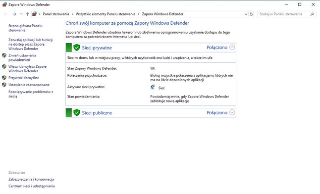 Ustawienia zapory w ramach funkcji Windows Defender.