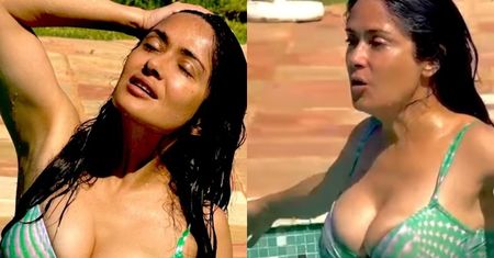 57-letnia Salma Hayek wita sierpień, pluskając się w basenie w zielonkawym stroju kąpielowym (FOTO)