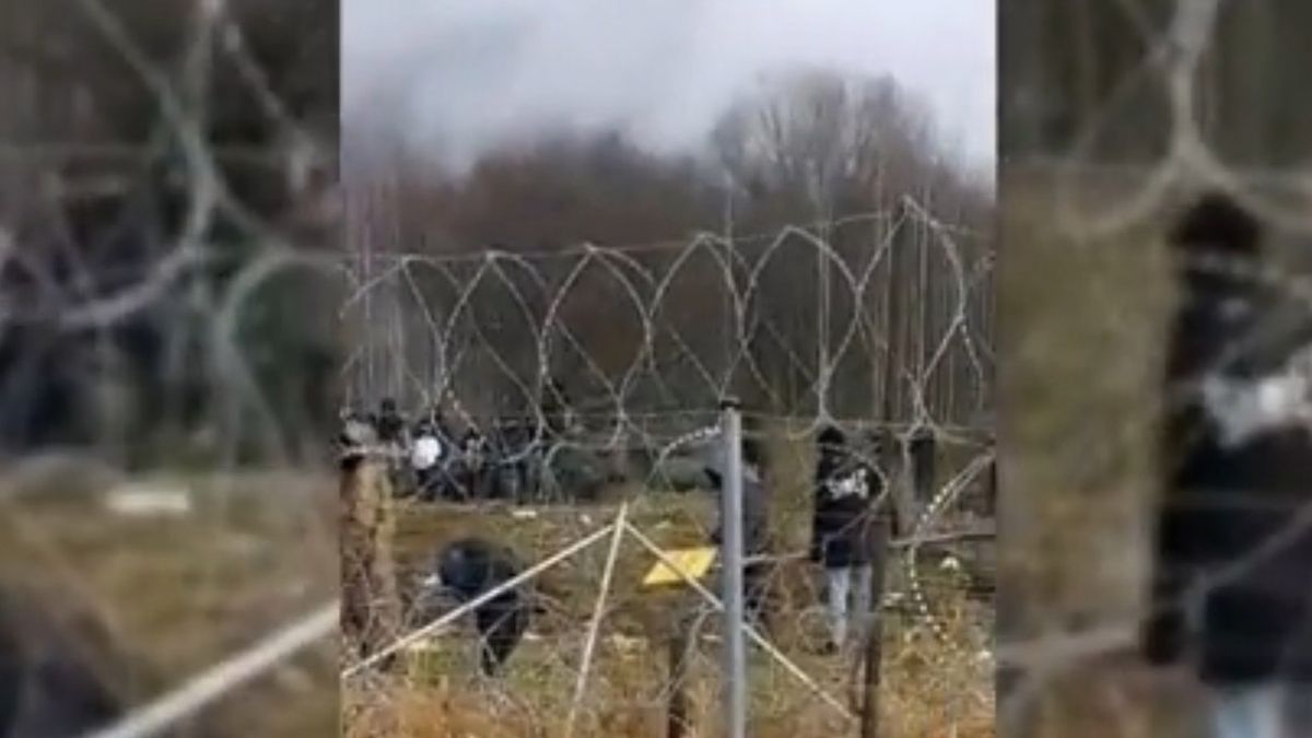 Na kadrze z filmu udostępnionego przez Straż Graniczną kilkusetosobowa grupa migrantów przy granicy polsko-białoruskiej w okolicy przejścia granicznego w Kuźnicy