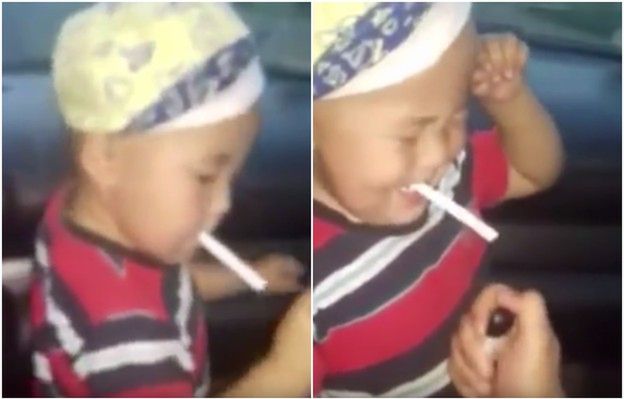 Szokujące nagranie! Matka uczy 2-letniego syna... palenia papierosów