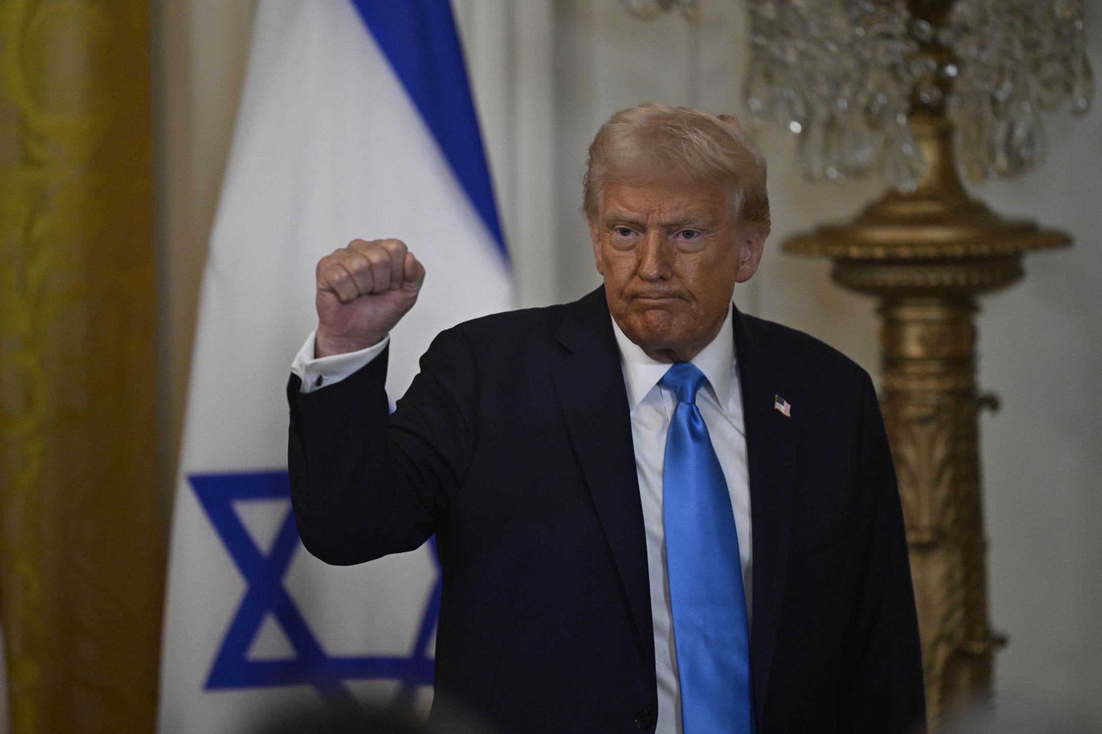 WASHINGTON D.C., UNITED STATES - FEBRUARY 04: United States President Donald Trump and Israeli Prime Minister Benjamin Netanyahu (not seen) hold a joint press conference in the East Room at the White House in Washington, D.C., United States on February 04, 2025. (Photo by Celal Gunes/Anadolu via Getty Images)