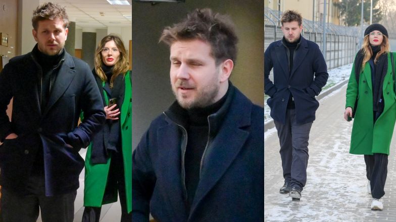 Antoni Królikowski i Izabela opuszczają sąd po usłyszeniu przez aktora wyroku