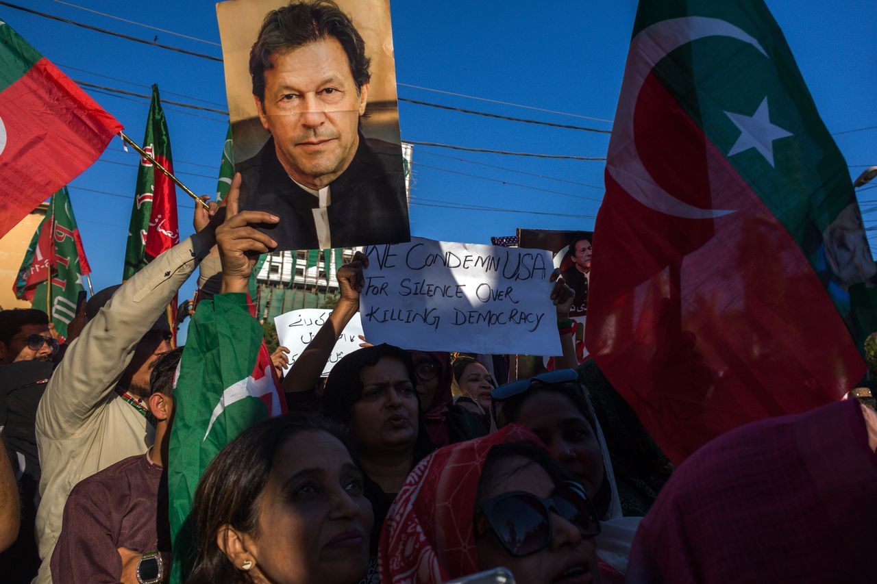 Supporters of the Pakistan Tehrik-e-Insaf (PTI) political party outside a provincial election commission office during a protest in Karachi, Pakistan, on Saturday, Feb. 17, 2024. 