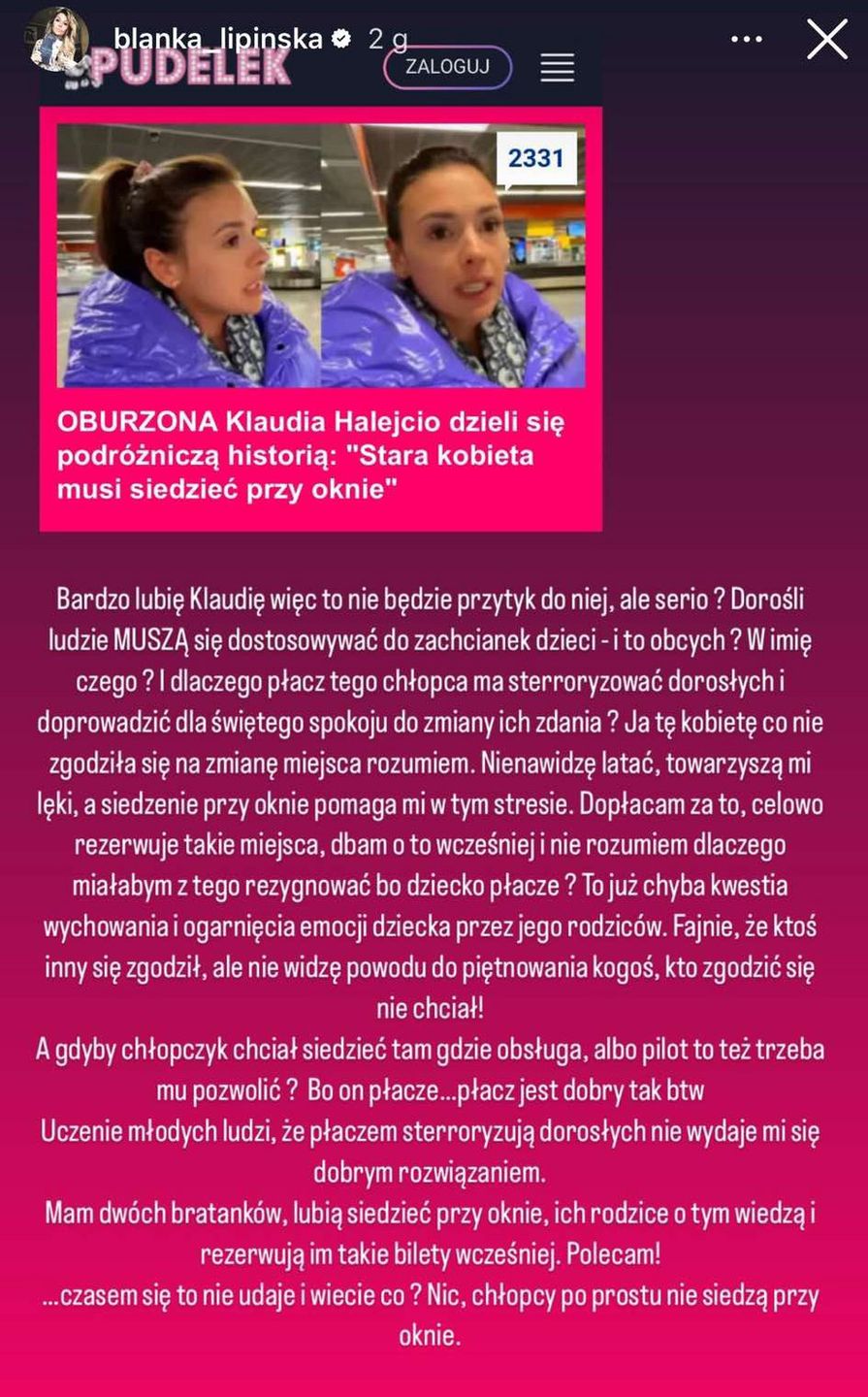 Blanka Lipińska kontruje odezwę Klaudii Halejcio