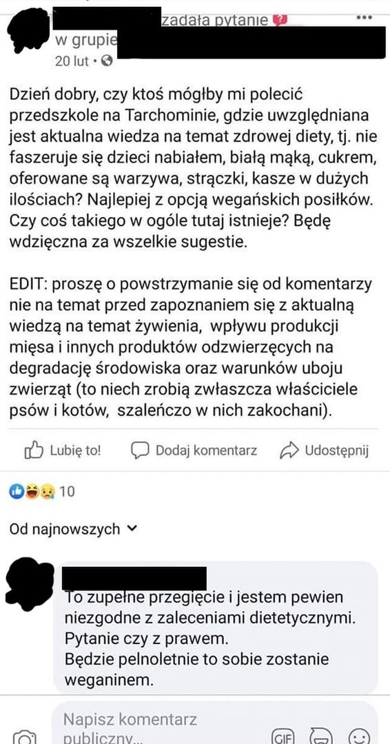 Post kobiety na jednej z lokalnych grup na Facebooku