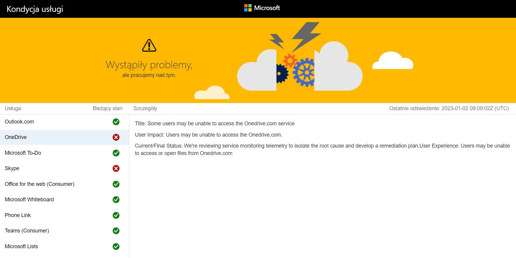 Status usług Microsoftu