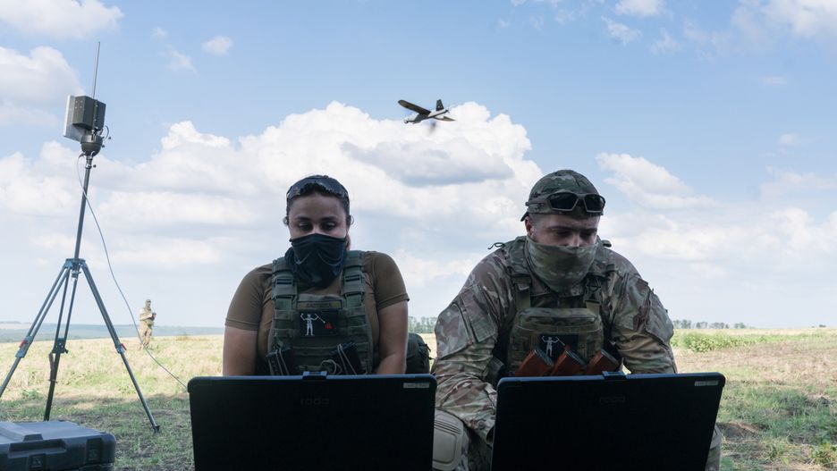 KHARKIV, UKRAINE - AUGUST 25: Ukrainian soldiers observe the frontline with a long range reconnaissance drone 'Leleka' on August 25, 2022 in Kharkiv, Ukraine. Ukrainian units fighting against the Russian army use combat FPV drones, which have proven themselves with the accuracy of hitting the targets. (Photo by Oles Kromplias/Global Images Ukraine via Getty Images)
