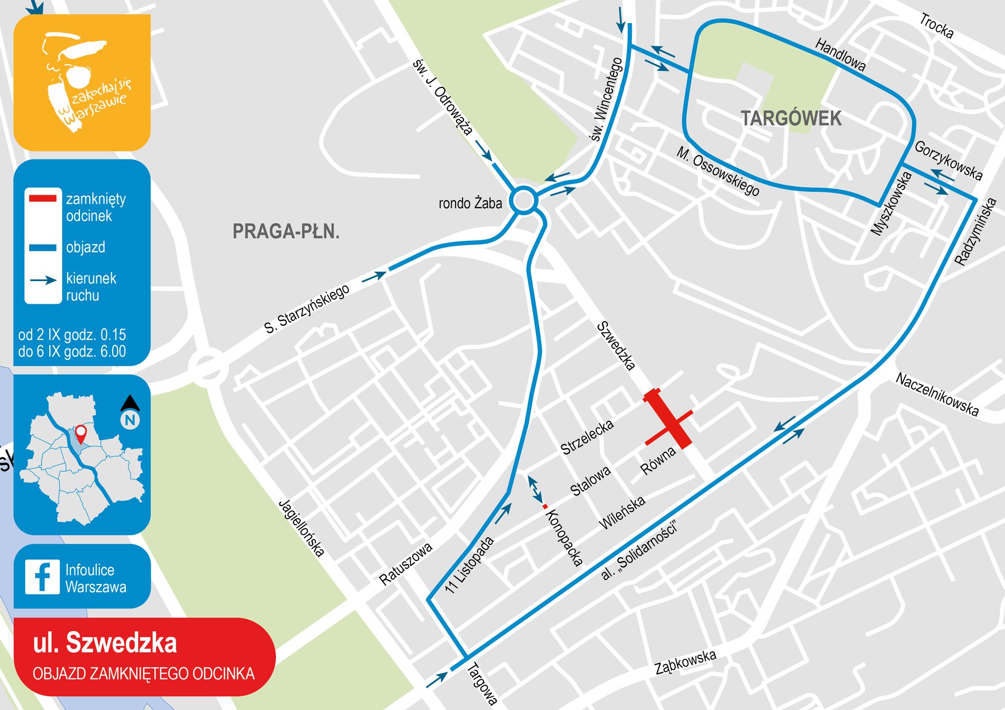 Warszawa. Ulica Szwedzka. Objazd zamkniętego odcinka