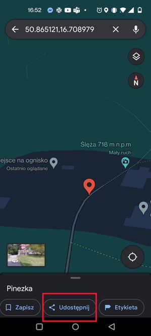Google Maps: przytrzymujemy na ekranie punkt, klikamy Udostępnij