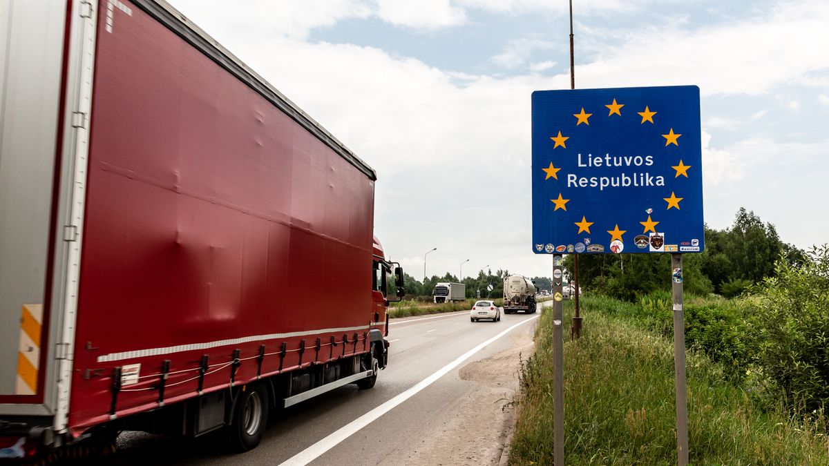 A lorry with goods passes the Lithuanian border sign to enter Lithuania on June 29, 2022 at Polish-Lituanian border on the busy E67 road. The Polish border with Lithuania is situated between Kaliningrad oblast (part of Russia) and Belarus and stretches 100 kilometers. The Area is called Suwalki Gap and is the only connection between Baltic States and the rest of the NATO and European Union. After Lithuania refused to transport sanctioned goods via rail from Russia's mainland to Kaliningrad, Vladimir Putin, Russian president, threatened Lithuania with serious consequences. Both NATO and European Union worry that Suwalki Gap, a relatively narrow corridor with Baltic States can be attacked by Russia (Photo by Dominika Zarzycka/NurPhoto via Getty Images)