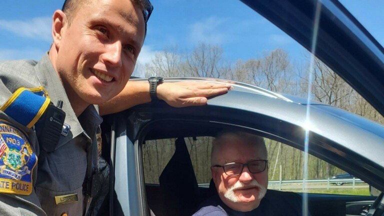 Lech Wałęsa z Łukaszem Lipertem, Polakiem pracującym w amerykańskiej policji 