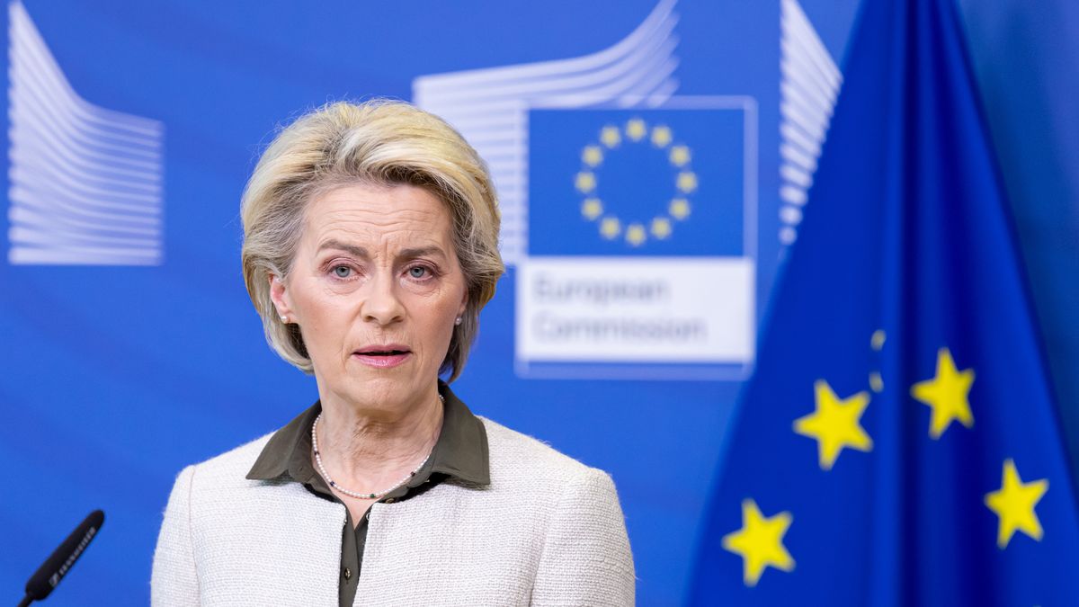 BRUSSELS, BELGIUM - FEBRUARY 27:  European Commission President von der Leyen and Representative of the European Union for Foreign Affairs and Security Policy Josep Borrell (not seen) hold a joint press conference on additional measures as Russiaâs attacks on Ukraine entered the fourth day in Brussels, Belgium on February 27, 2022. (Photo by European Commission / Pool/Anadolu Agency via Getty Images)