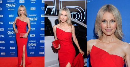 Magdalena Ogórek "gra nogą" w czerwonej kreacji z odważnym rozcięciem na jesiennej ramówce TVP (ZDJĘCIA)