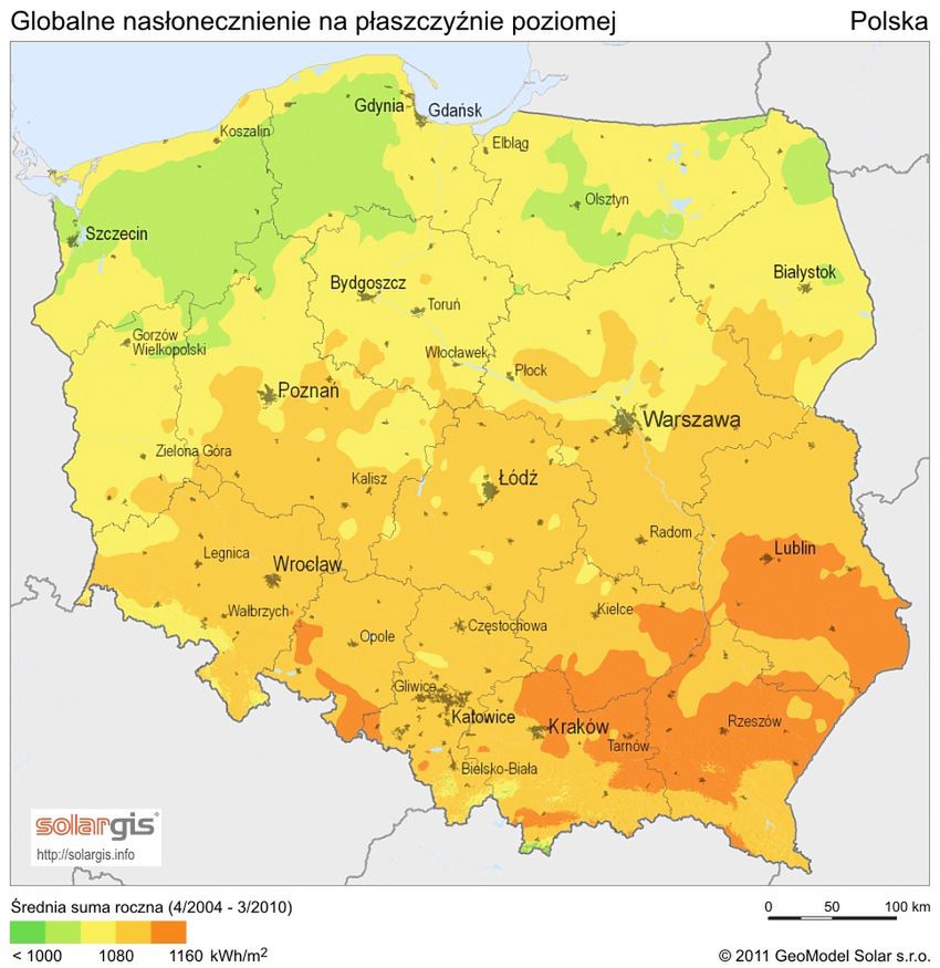 Mapa nasłonecznienia w Polsce