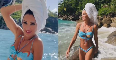 53-letnia Justyna Steczkowska w fikuśnym bikini i z ręcznikiem na głowie hasa po plaży na Seszelach (ZDJĘCIA)
