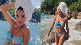 53-letnia Justyna Steczkowska w fikuśnym bikini i z ręcznikiem na głowie hasa po plaży na Seszelach (ZDJĘCIA)
