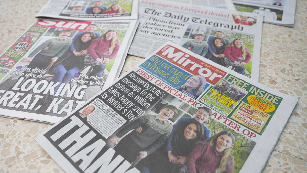 LONDON, UNITED KINGDOM - MARCH 11: A view of newspapers, in which a photo of Princess of Wales Kate Middleton, wife of Prince William of Wales, posing with her children for Mother's Day published on the first pages, in London, United Kingdom on March 11, 2024. Kate Middleton apologized, stating that she made the edits in the photo. (Photo by Rasid Necati Aslim/Anadolu via Getty Images)