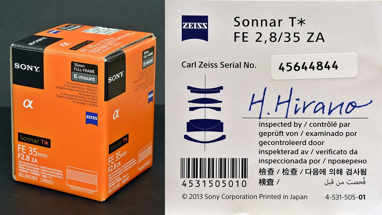 Sony Zeiss Sonnar T* FE 35 mm f/2,8 ZA: pudełko i certyfikat