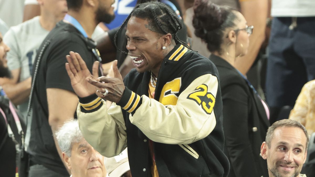 PARIS, FRANCE - AUGUST 8: Travis Scott attends the Men's Basketball semifinals game between Team USA and Team Serbia on day thirteen of the Olympic Games Paris 2024 at Bercy Arena on August 8, 2024 in Paris, France. (Photo by Jean Catuffe/Getty Images)