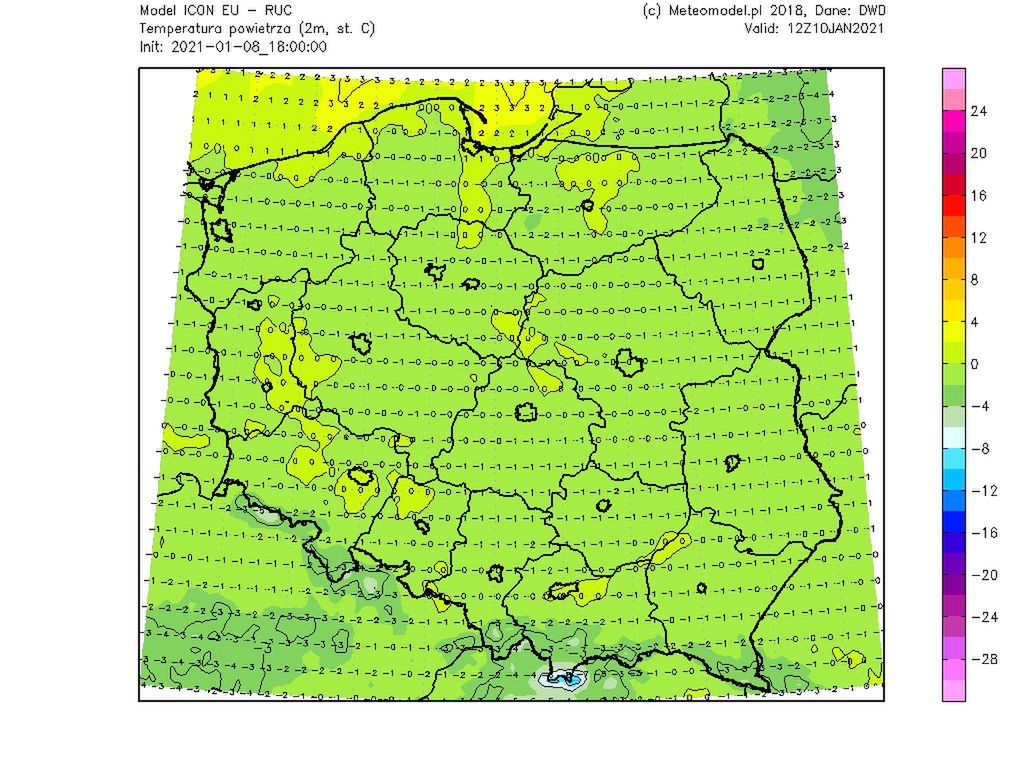 Pogoda. Prognozowane temperatury w niedzielę (meteomodel.pl)