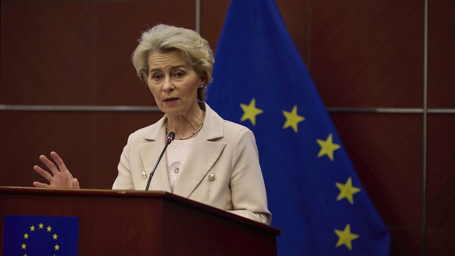 BEIJING, CHINA - APRIL 06: European Commission President Ursula von der Leyen gestures as she speaks at a press conference at the European Delegation on April 6, 2023 in Beijing, China. Von Der Leyen is on a two-day official visit to China and earlier in the day met with Chinese President Xi Jinping, Premier Li Qiang and other senior Chinese government officials (Photo by Kevin Frayer/Getty Images)