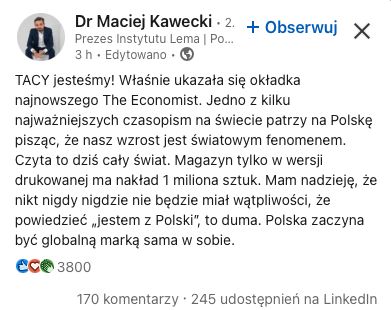 Wpis dr. Macieja Kaweckiego na LinkedIn