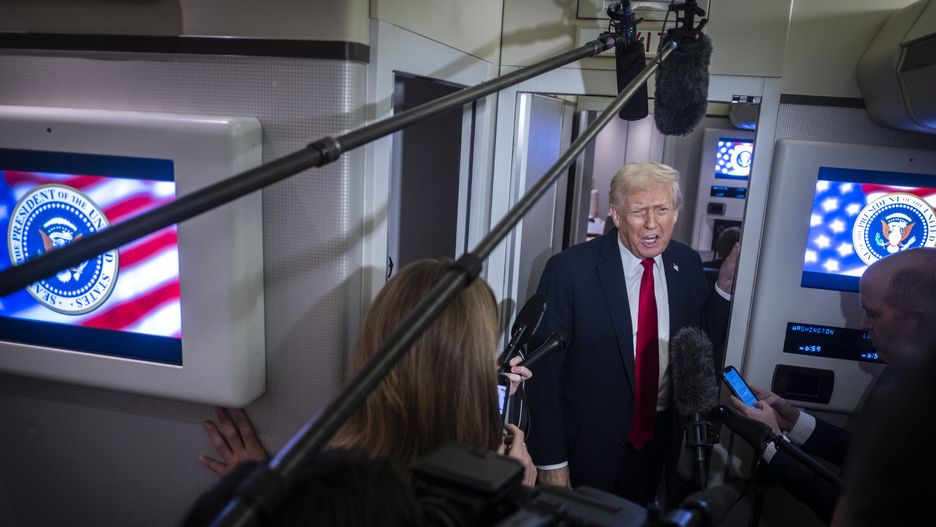 IN FLIGHT - NOVEMBER 25: President Donald Trump speaks to the media aboard Air Force One on November 25, 2025 in flight en route to Florida. The Trumps are traveling to Mar-a-Lago in Palm Beach, Florida for the Thanksgiving holiday. (Photo by Pete Marovich/Getty Images)