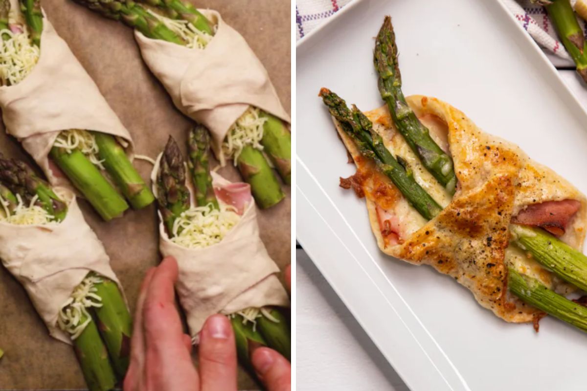 Whip up the perfect snack. Baked asparagus in puff pastry
