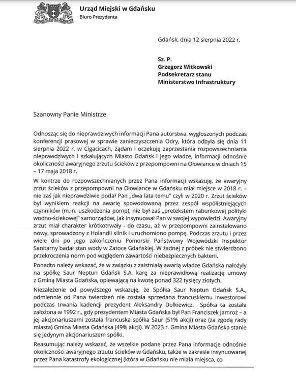 Pismo władz Gdańska do wiceministra infrastruktury Grzegorza Witkowskiego