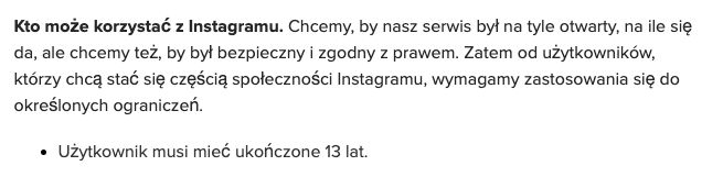 Zrzut ekranu ze strony z regulaminem Instagrama.