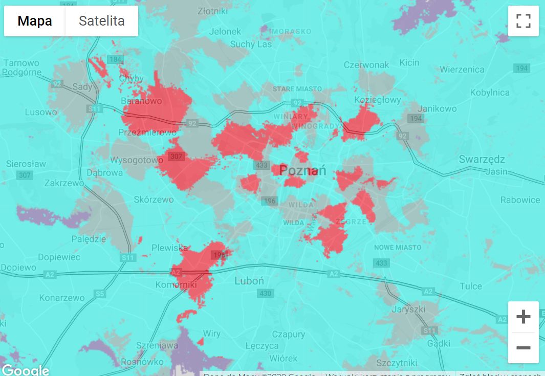 Zasięg sieci 5G Plusa w Poznaniu