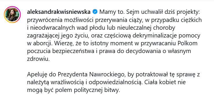 Post Aleksandry Uznańskiej-Wiśniewskiej skierowany do prezydenta RP
