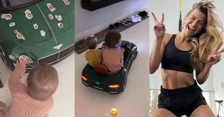 Klara i Laura Lewandowskie wożą się po domu miniaturowym bentleyem