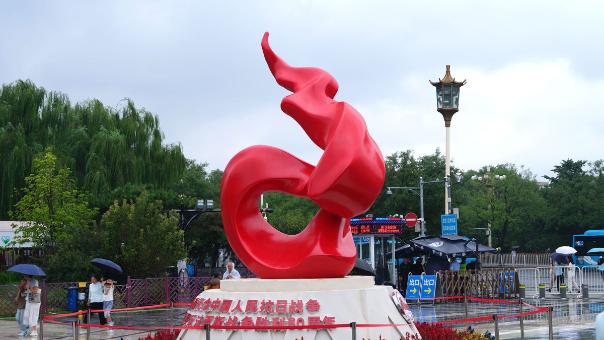 The new flower bed on Qianmen Street commemorates the 80th anniversary of the victory of the Chinese People's War of Resistance against Japanese Aggression and the World Anti-Fascist War in Beijing, China, on August 27, 2025. (Photo by Costfoto/NurPhoto via Getty Images)