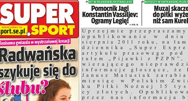„Super Express” z przeprosinami rozstrzeloną czcionką na ostatniej stronie