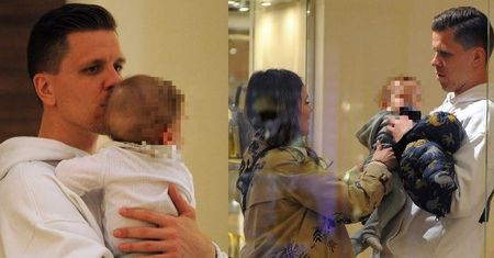 Rozanielony Wojciech Szczęsny z synem na ręku i Mariną u boku robią zakupy w butiku Louis Vuitton w Mediolanie (FOTO)
