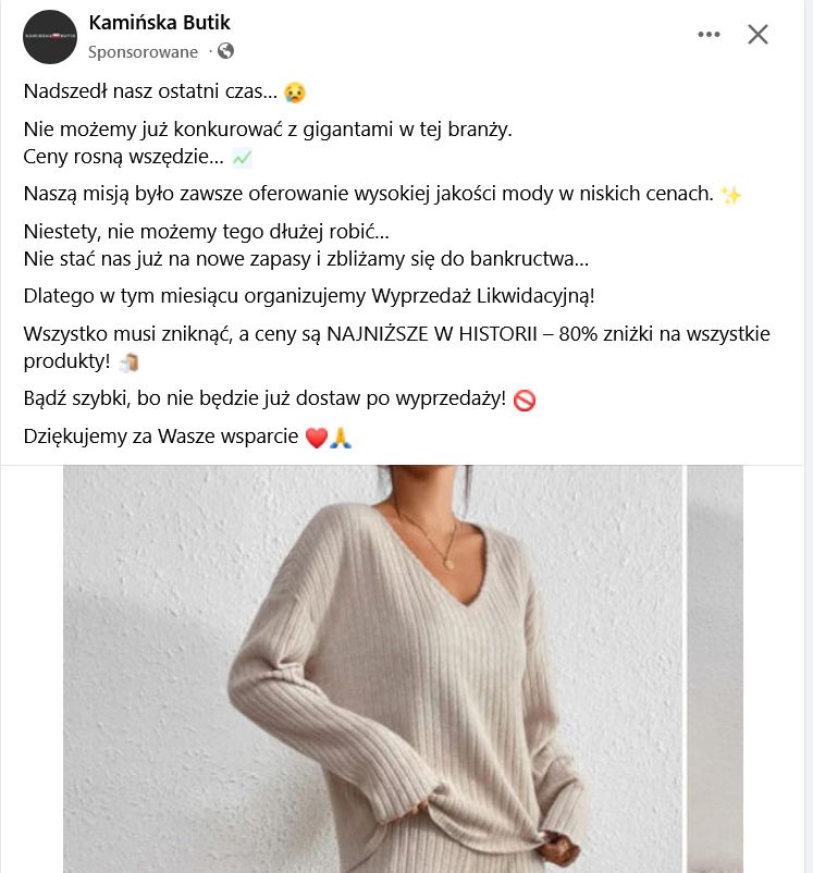 Przykład fałszwego postu marki e-sklepu Monika Kamińska, fot. materiały WM
