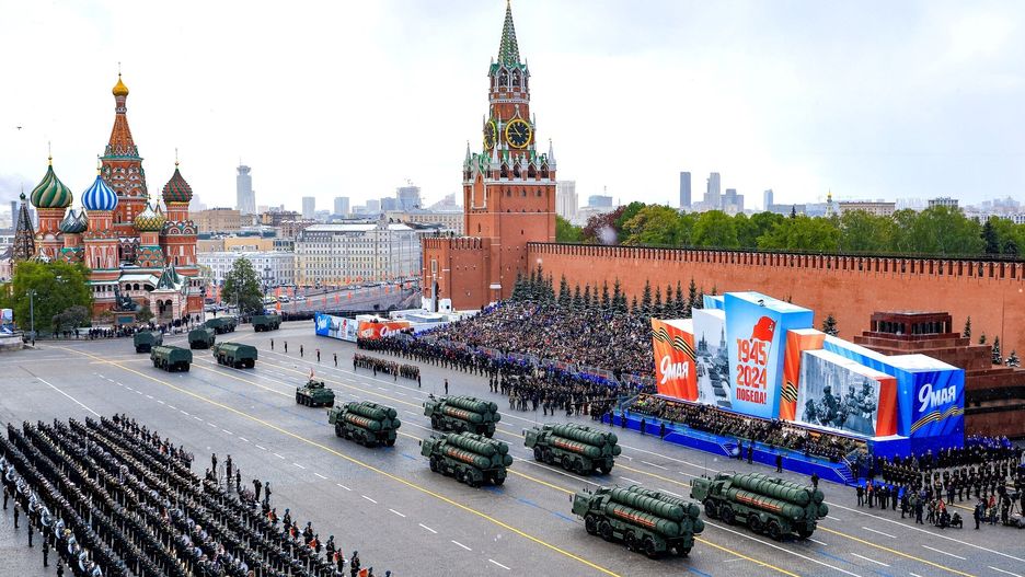 MOSCOW, RUSSIA - MAY 09: (----EDITORIAL USE ONLY - MANDATORY CREDIT - 'KREMLIN PRESS OFFICE / HANDOUT' - NO MARKETING NO ADVERTISING CAMPAIGNS - DISTRIBUTED AS A SERVICE TO CLIENTS----) Ceremonial soldiers and military vehicles parade on the 79th anniversary of the Victory Day in Red Square in Moscow, Russia on May 09, 2024. The Victory parade take place on the Red Square on 09 May to commemorate the victory of the Soviet Union's Red Army over Nazi-Germany in WWII. (Photo by Kremlin Press Service/Anadolu via Getty Images)