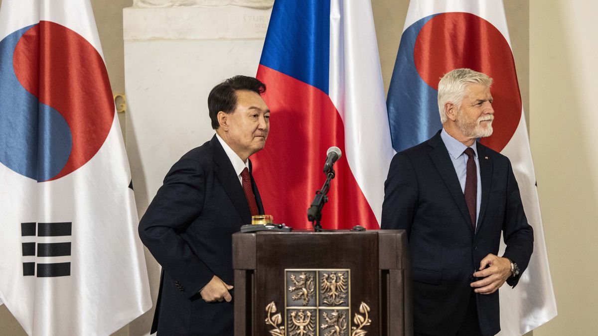 Yoon Suk Yeol, South Korea's president, left, and Petr Pavel, Czech Republic's president, at a news conference in Prague, Czech Republic, on Thursday, Sept. 19, 2024. Yoon said his country will closely work with the Czech Republic if a deal is finalized to build two nuclear reactors at the Dukovany power plant with the state-owned Korea Hydro & Nuclear Power Co. Photographer: Milan Jaros/Bloomberg via Getty Images