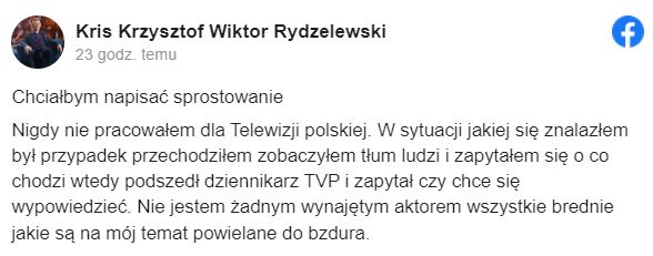 Kris Rydzelewski twierdzi, że nie współpracował z TVP