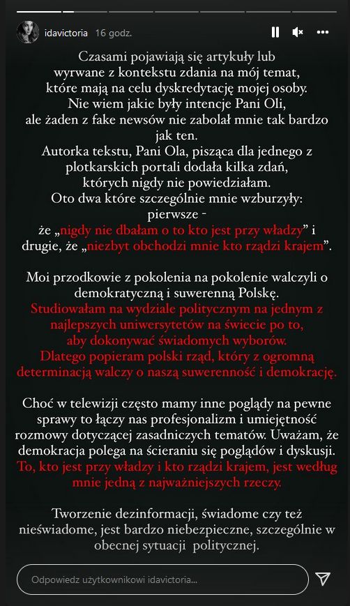 Ida Nowakowska w swojej relacji wychwala obecny rząd