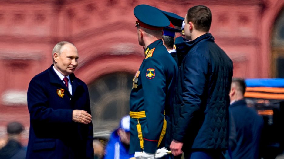 MOSCOW, RUSSIA - MAY 09: Ceremonial soldiers parade during 79th anniversary of the Victory Day in Red Square in Moscow, Russia on May 09, 2024. The Victory parade take place on the Red Square on 09 May to commemorate the victory of the Soviet Union's Red Army over Nazi-Germany in WWII. Red Square hosted a military parade attended by Russian President Vladimir Putin. (Photo by Sefa Karacan/Anadolu via Getty Images)